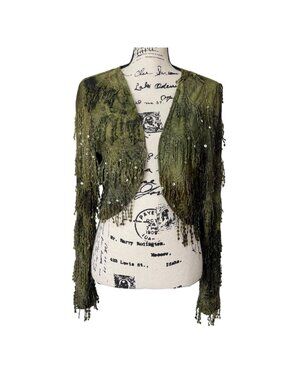 Joseph Ribkoff Women Size 12 Green Sequin Fringe Cropped Jacket Cardigan Top